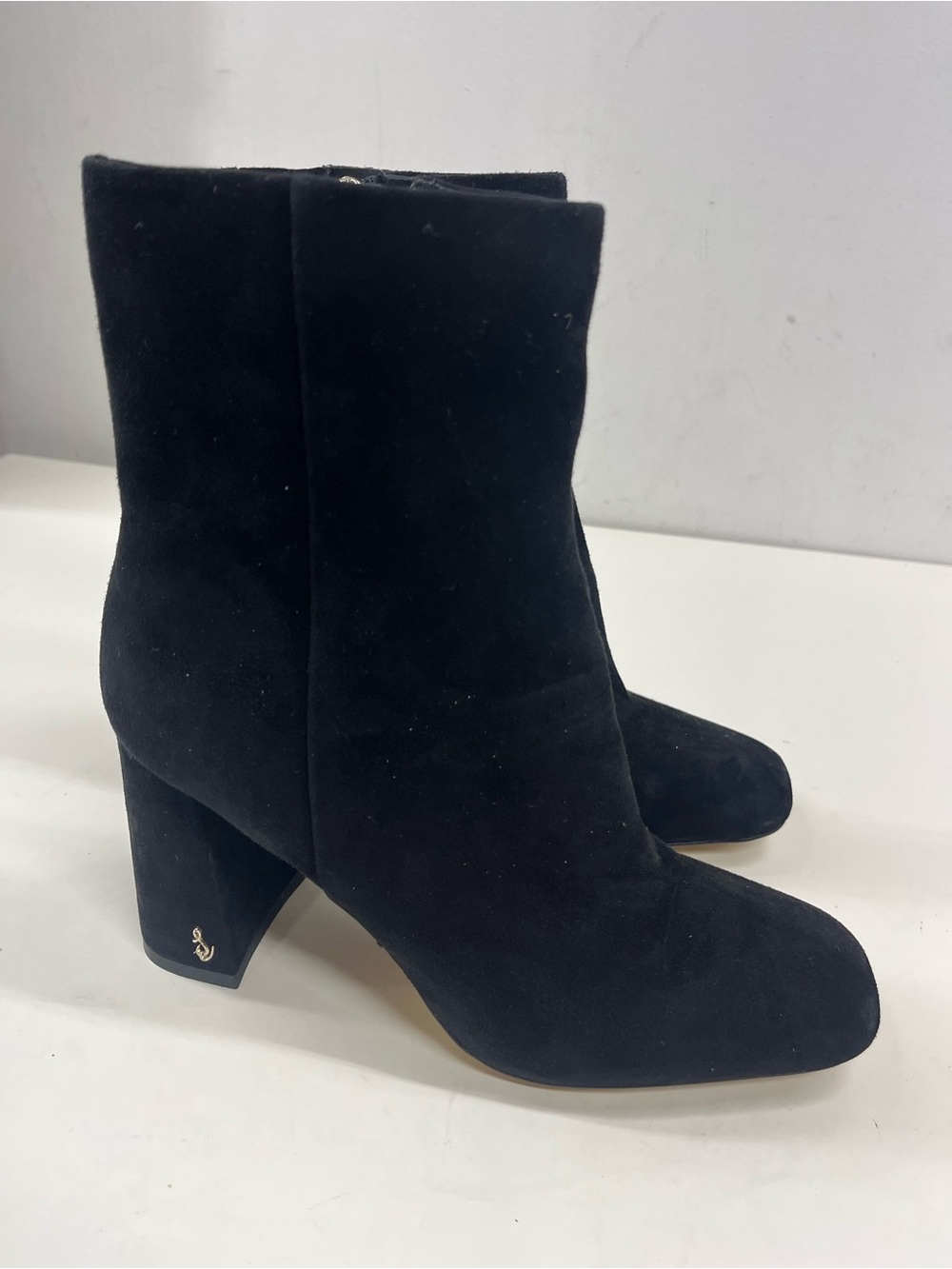 New Sam Edelman Codie Ankle Boots in Black Suede Block Heel Square Toe Size 6.5W